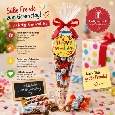 Produktbild von Happy Birthday Schokolade Mix-Tüte 200 g – Fertig verpacktes Geburtstagsgeschenk mit Schokoladen-Mix – Candy & Bar®, KI-generiertes Bild