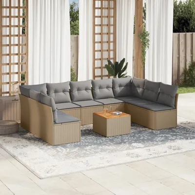 Produktbild von Design 10-tlg. Garten-Sofagarnitur mit Kissen Beige Poly Rattan, Gartenmöbel-Sets 2024 Neu