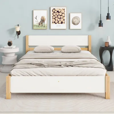 Produktbild von Weiß + Natur Doppelbett Holzbett Kiefernholzrahmen mit Mittelfuß Jugendbett Erwachsenenbett mit Kopf- und Fußteil aus MDF 140x200 cm Ohne Matratze