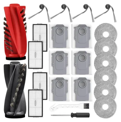 A collection of cleaning accessories for a robot vacuum cleaner, laid out on a white background.