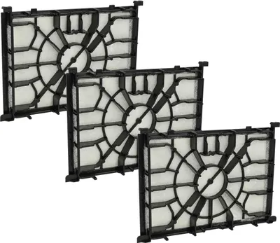 A group of three rectangular air filters with black gridded frames and white fibrous filter material.
