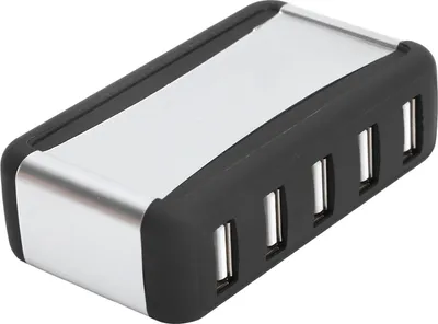 A close-up, angled view of a black and silver USB hub with multiple ports.