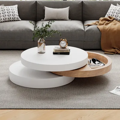 Produktbild von STILVORA Couchtisch mit 360° drehbarer Tischplatte, Wohnzimmertisch mit 3 Ablageflächen, Sofatisch aus Weidenholz mit Stauraum