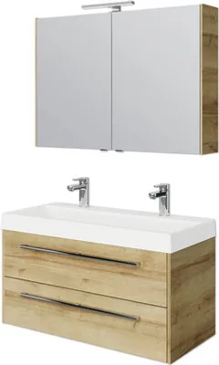 Produktbild von Pelipal Badmöbel-Set Milano BxHxT 100 x 200 x 45 cm Frontfarbe eiche riviera mit Mineralguss-Doppelwaschtisch weiß SET-1