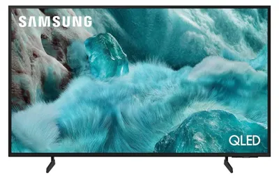 A Samsung QLED television displaying a vibrant, abstract image.