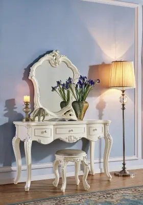 Image de Table de maquillage, tabouret, console, table de maquillage en bois massif, consoles, secrétaire, miroir