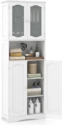 A white freestanding bathroom cabinet with glass doors and shelves, filled with various bathroom items.