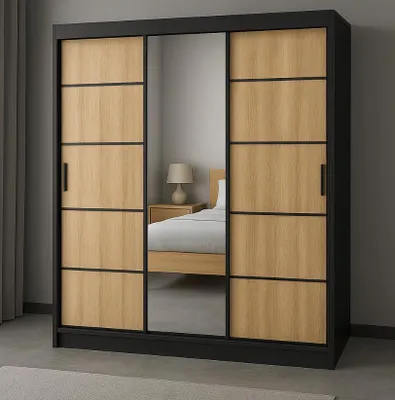 Zdjęcie produktu dla Dwukolorowa szafa przesuwna RIO-3 180 cm, CZARNO-DĄB SONOMA, z dużym lustrem, systemem drzwi przesuwnych, półki i drążki, stabilna i modna