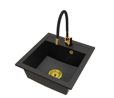 Produktbild von Granitspüle Küchenspüle Schwarz mit FLEX Armatur Gold, Siphon Gold und Seifenspender