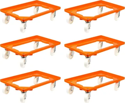 Produktbild von SparSet 6x Transportroller für Euroboxen 60x40cm mit Kunststoffräder orange | Offenes Deck | 2 Lenkrollen & 2 Bockrollen | Traglast 300kg | Kistenroller Logistikroller Rollwagen Profi-Fahrgestell