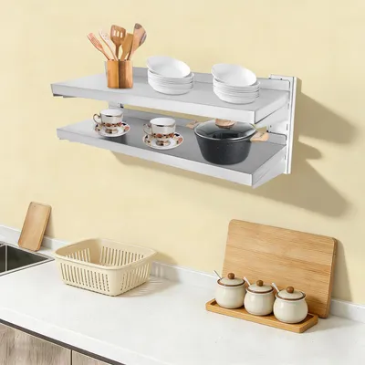 Image de Étagère en acier inoxydable, étagère de cuisine, 2 niveaux, étagère murale en acier inoxydable, étagère à épices, argentée, pour cuisine, restaurant