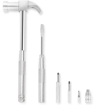 Productafbeelding van Multitool set, 6-in-1: klauwhamer met schroevendraaiers, nagelknipper, antislip handvat, zilverkleurig