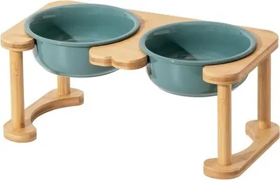 Produktbild von Erhöhter Hundenapf aus Keramik mit rutschfestem Ständer für mittelgroße und große Hunde. Futter- und Wassernapf, Futternapf für Haustiere (Doppelt 17,5 cm, Dunkelgrün)