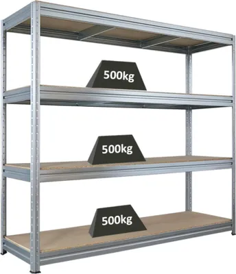 Produktbild von Schwerlastregal DINO | HxBxT 180x200x60cm | 4 Spanplatten-Ebenen 16mm | Fachlast 500kg | Verzinkt