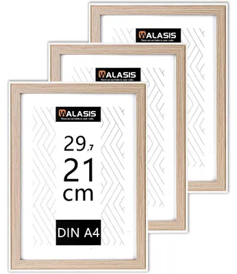Obrázek produktu pro Sada tří dřevěných rámečků formátu A4 (21x29,7 cm), vyrobených z MDF, v přírodním provedení s bílými detaily