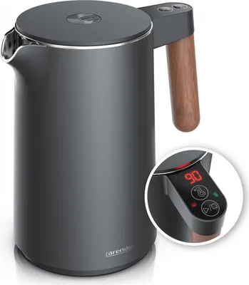 A modern electric kettle with a wood-effect handle, shown on a white background with an inset close-up of its digital display.