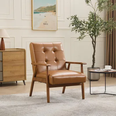Immagine prodotto di Poltrona imbottita modello Sofastuhl, con braccioli color noce, sedia con schienale imbottito, poltrona relax adatta per il soggiorno o il balcone, color beige chiaro