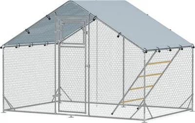 Produktbild von Hühnerstall Freilaufgehege aus Stahl, 300 x 200 x 195 cm Hühnerkäfig mit UV-beständiger Abdeckung, Futtertür, Hängefütterung, Sitzstange, Hühnergehege für 6-8 Hühner, Kleintiere, Silber