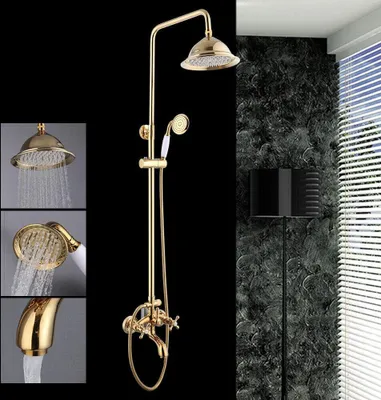 A collage of a gold shower set, showing different views and water flow, alongside a partial view of a bathroom with a textured wall and blinds.