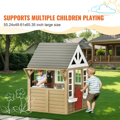 Produktbild von Holzspielhaus Kinderspielhaus, Gartenhaus für Kinder ab 2 Jahren, Gartenspiele-Hütte, Spielhaus aus Zedernholz im Landhausstil mit Tür, Fenster, Blumentopfhalter, Grill, Herd und Spüle