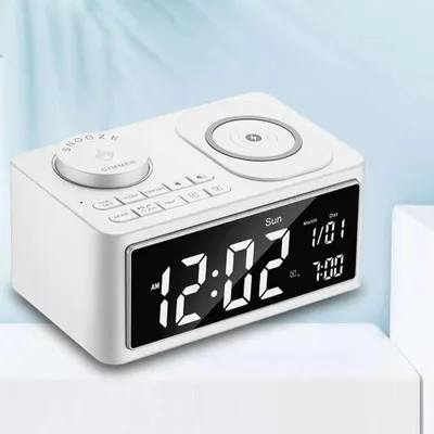 Produktbild von Bluetooth-Lautsprecher - Wecker mit FM-Radio - Kabelloses Laden - Doppelalarm - USB-Anschluss - LED-Uhranzeige - Weiß