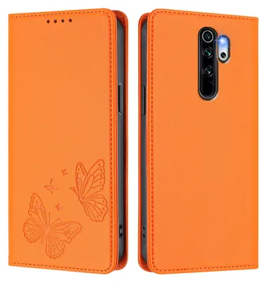 Produktbild von Lederhülle für Xiaomi Redmi Note 8 Pro, Schmetterling Prägung Leder Brieftasche Schutzhülle mit Ständer Orange