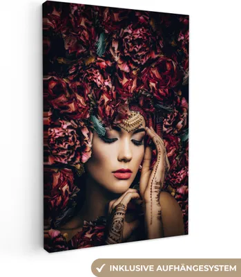 Obrázok produktu pre MuchoWow® - Plátno - Žena - Kvety - Henna - Portrét, nástenná maľba, nástenné dekorácie obrazy obývacia izba, 80x120cm