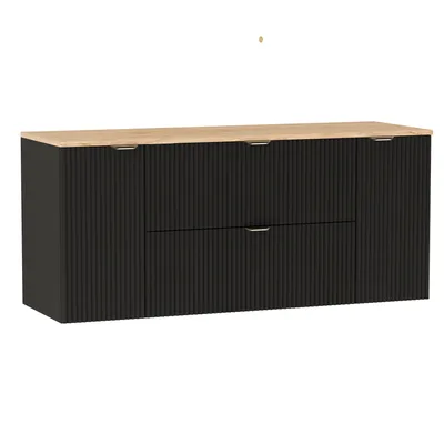 A black and wood-colored cabinet with a light wood top, presented against a white background.