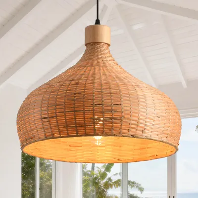 Image de Suspension Parrot Uncle à disques de bambou, abat-jour en bambou naturel, culot E27, diamètre 45 cm, pour un intérieur bohème scandinave (ampoule non fournie)