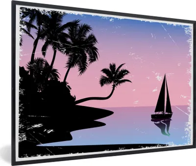 Produktbild von MuchoWow® MuchoWow® Gerahmtes Poster Boot - Palme - Himmel - Zeichnung 60x40 cm - Poster mit zchwarzem Bilderrahmen - Printing - Wanddeko Schlafzimmer