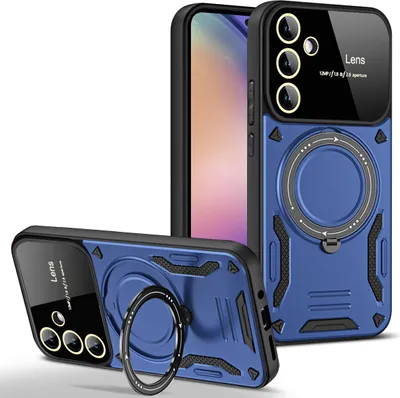 Two blue phone cases with ring holders are displayed against a white background. One case is upright, showing its back and side, while the other is lying on its side, showcasing its camera module and ring holder.