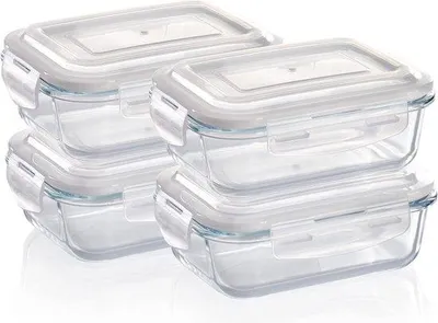Produktbild von Famanu Glasbehälter 4 x 640 ml – rechteckige Aufbewahrungsboxen mit Deckel