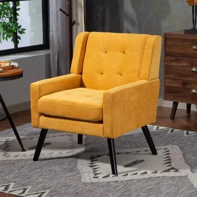 Produktbild von Mid-Century-Modern-Sessel mit Polsterung, bequemer Einzelsessel in Wildleder-Optik mit Knopfpolsterung, Hochdichtschaum-Kissen und Massivholzbeinen für Wohnzimmer und kleine Räume