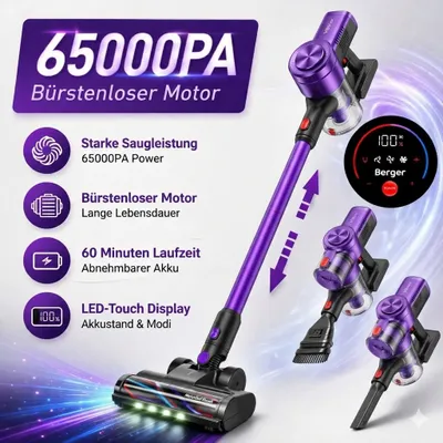 Produktbild von BERGER Akku Staubsauger, Staubsauger, Kabellos, 65000 Pa , 60 min Laufzeit, Stielstaubsauger, Berger, 1.8L, Sauger mit Touch, Tierhaar,