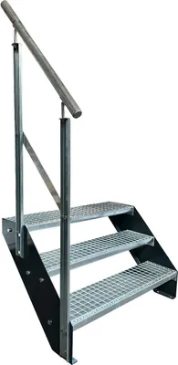 Obrázek produktu pro Mřížové ocelové příčkové schodiště 3 stupně Pozinkované a antracitově práškově lakované příčky + zábradlí vlevo - (d x š x v) 63cm x 80cm x 57cm