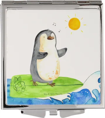 Produktbild von Mr. & Mrs. Panda Kosmetikspiegel Klein Pinguin Surfer - Weiß - Geschenk, Reise Spiegel, Faltspiegel, Optimistisch, Urlaub, Frauen, Surfen, Motiviert, Portugal, Hawaii
