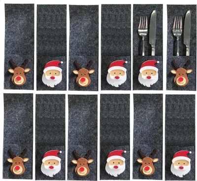 Produktbild von 12 Stück Bestecktaschen Filz Elch Weihnachtsmann Weihnachten