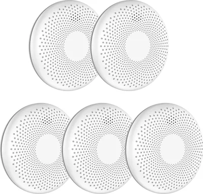 A set of five white circular smoke and carbon monoxide detectors arranged in two rows on a white background.