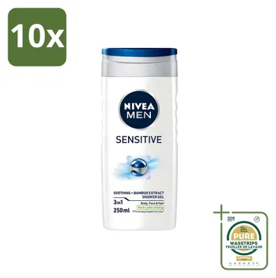 Obrázok produktu pre 10 kusov gélu na umývanie tváre NIVEA MEN Sensitive, hydratačný, 250 ml, balenie