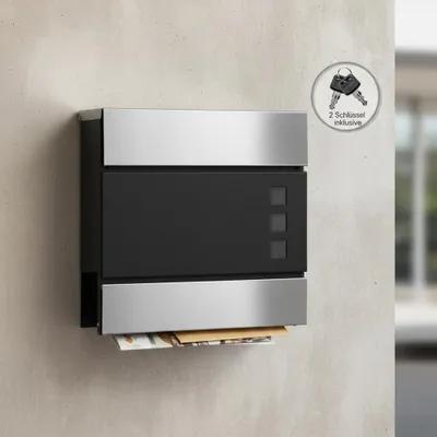 A modern mailbox mounted on a textured wall.