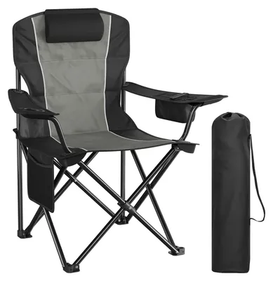 Produktbild von Klappbarer Campingstuhl - Campingstuhl mit Kühltasche und Getränkehalter - Hohe Rückenlehne - Metallrahmen - Mit Armlehnen - 93 x 63 x 100 cm - Dunkelgrau