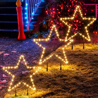 Productafbeelding van SALCAR LED-tuinverlichting, sterrenvorm, 90 cm, 240 LED's, set van 3, 8 lichtmodi, timer, LED-lichtsterren, buitenverlichting voor kerst en tuin, geschikt voor tuinverlichting