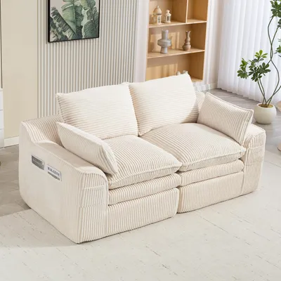 Produktbild von STILVORA Modulares Cordsofa 2-Sitzer mit 3-lagigem Schaumstoff und Federkern und Kissen und 2 Seitentaschen, Kompressionssofa mit platzsparender Verpackung und ohne Montage, Zweisitzer Sofa aus Cordstoff mit weichem Bezug und komfortabler Sitzfläche für Wohnzimmer und Büro, Beige