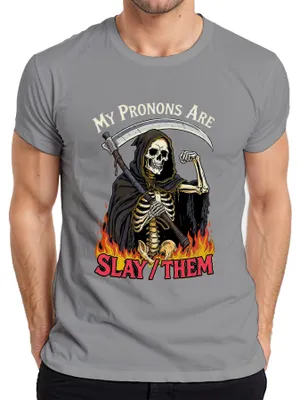 Produktbild von My Pronons Are Slay Them Reaper Skelett Sense Feuer Queer Pride Herren T-Shirt, Grau, S