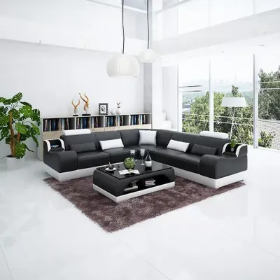 Produktbild von Design Ecksofa Wohnzimmer Moderne Eckcouch Lederpolster Couch Sofa + Tisch Möbel