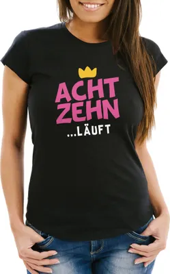 Produktbild von Damen T- Shirt Geburtstag Krone Achtzehn ...läuft lustiges Geschenk für Frauen MoonWorks® schwarz L
