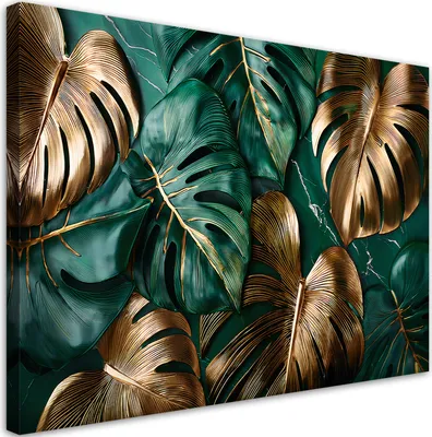 Produktbild von Leinwandbild Gold Grün Monstera-Blätter 90x60 Feeby Grün bild für die wand bereit zum aufhängen