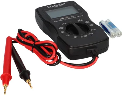 A black digital multimeter with red and black test leads and two batteries are shown on a white background.