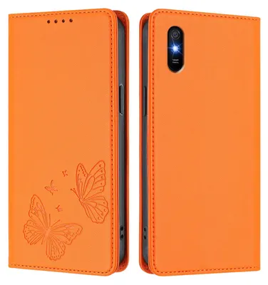 Obrázek produktu pro Kožené pouzdro pro Xiaomi Redmi 9A, motýlí ražbou, peněženkové flip pouzdro se stojánkem Oranžová
