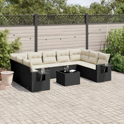 Produktbild von Design 10-tlg. Garten-Sofagarnitur mit Kissen Schwarz Poly Rattan, Gartenmöbel-Sets 2024 Neu